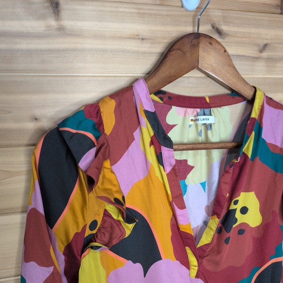 Marine Layer Floral Ruffle Tiered Mini Dress Tencel Burgundy Medium - Picture 2 of 13